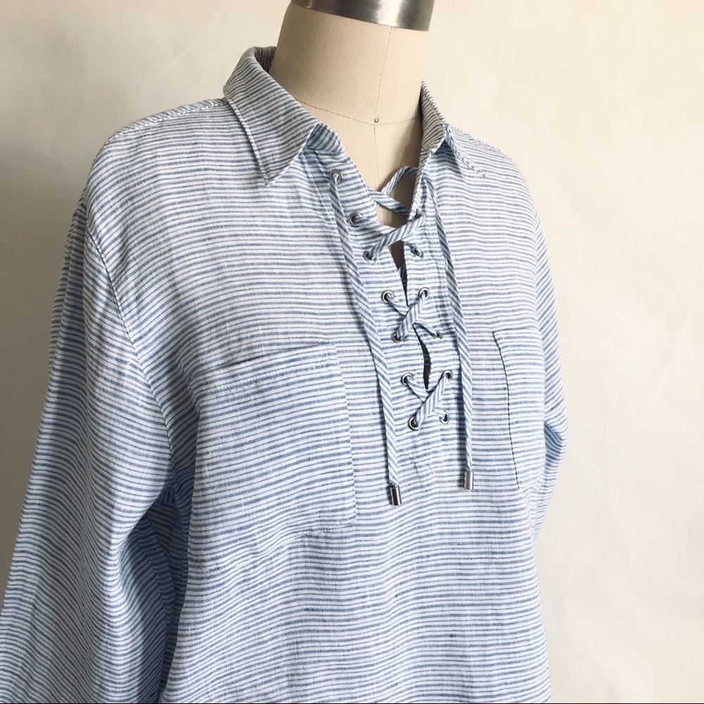 LANDS END | Linen Popover Blue White Striped